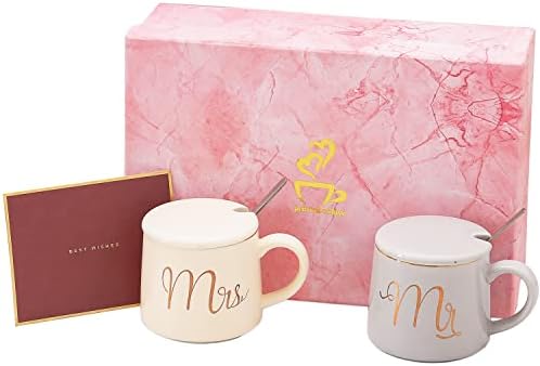 New in Box Mr and Mrs Coffee Mugs Set - 10 Ounce Ceramic Mug with Lid and Spoon - Wedding Gifts for Bride and Groom, Newlyweds, Anniversary, Engagement, Valentines, Christmas Presents for Couple - Beige&Grey