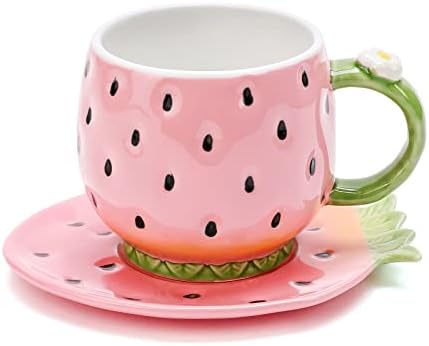 New in Box Noviko Ceramic Tea Cup and Saucer Coffee Mug Strawberry Coffee Cup with Saucer - 8 Ounce (Pink)