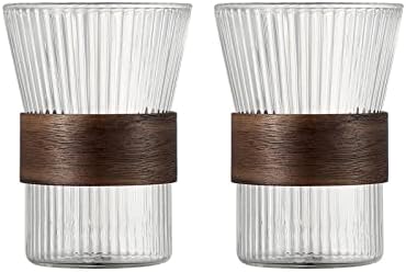 New in Box Snminetal Glass Coffee Mugs,Wide Mouth Mocha Hot Beverage Mugs (11oz),Clear delicate stripes Cups with wooden anti-skid ring,Lead-Free Drinking Glassware,Perfect for Latte,Cappuccino (2PCS)